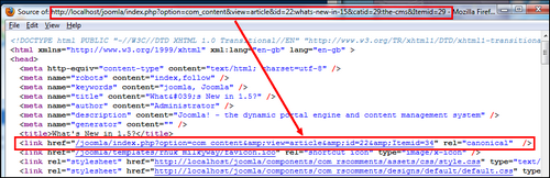 RSSeo! revision 12 - the page source of a canonical url